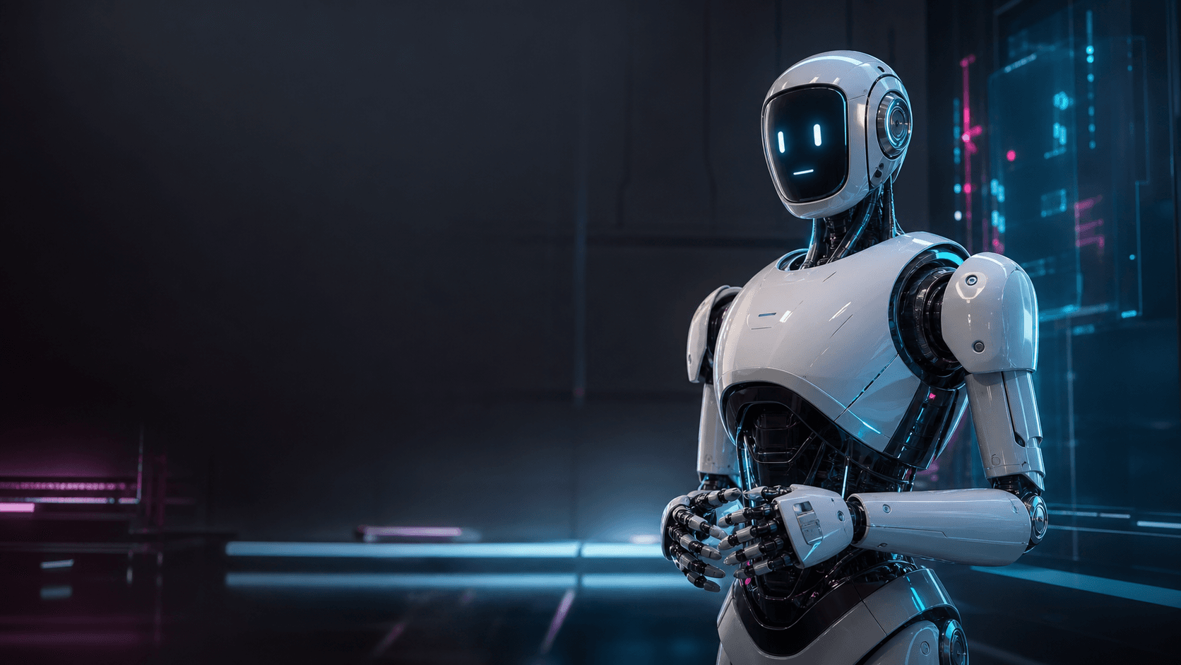 Futuristic AI robot in a cinematic creative studio