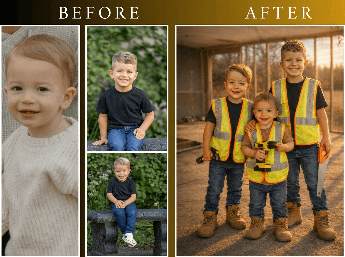 Photorealistic Image Editing: 3 Kids in Construction Gear